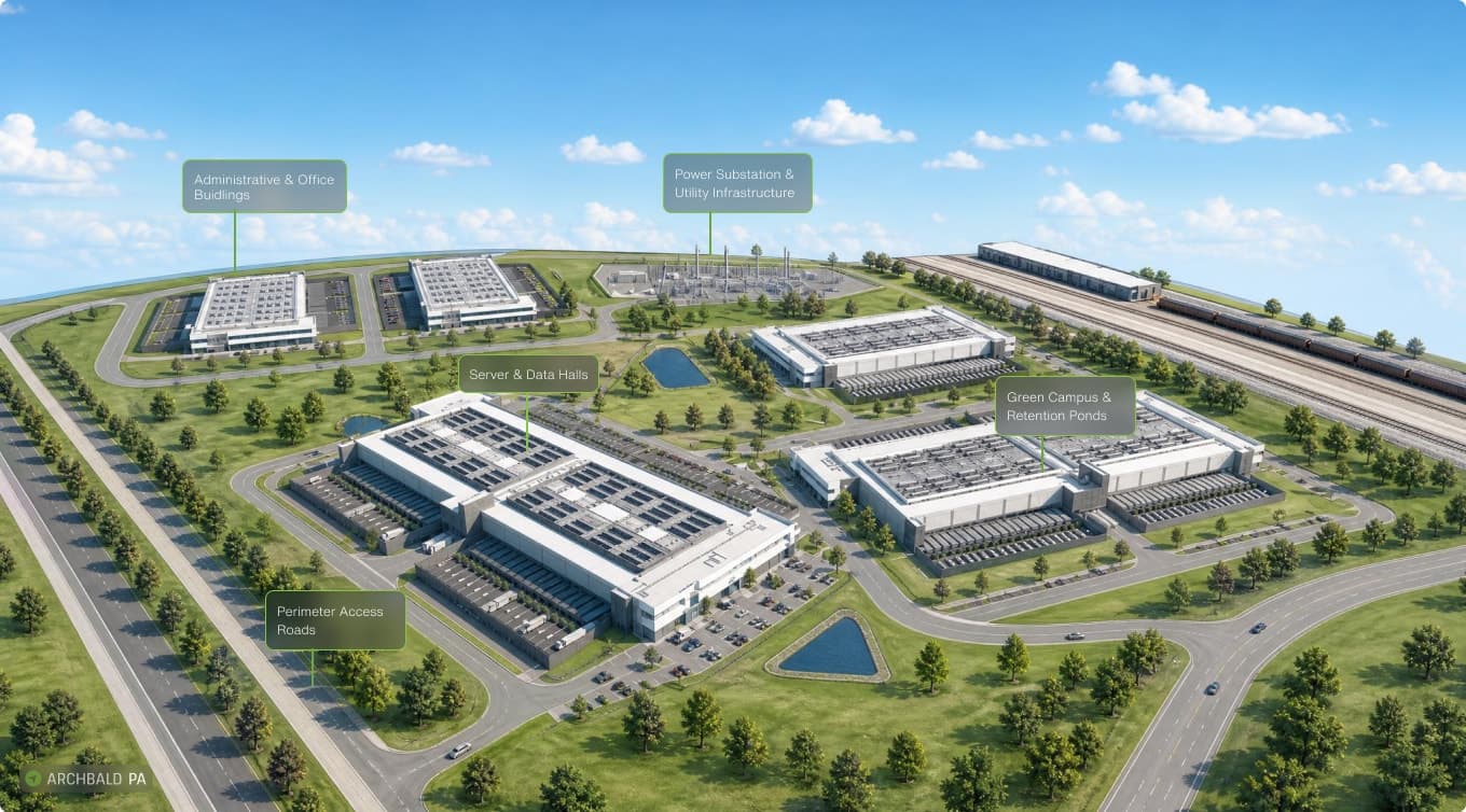 Aerial rendering of the proposed Corscale campus in Archbald, labelled: administrative and office buildings; power substation and utility infrastructure; server and data halls; perimeter access roads; and green campus and retention ponds.